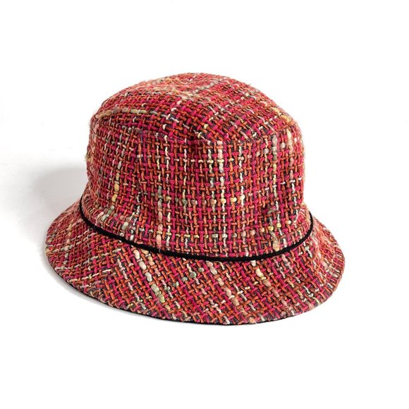 Vintage Accessories - Vintage Reversible Multicolored Tweed Stitched Woven Knit Bucket Hat